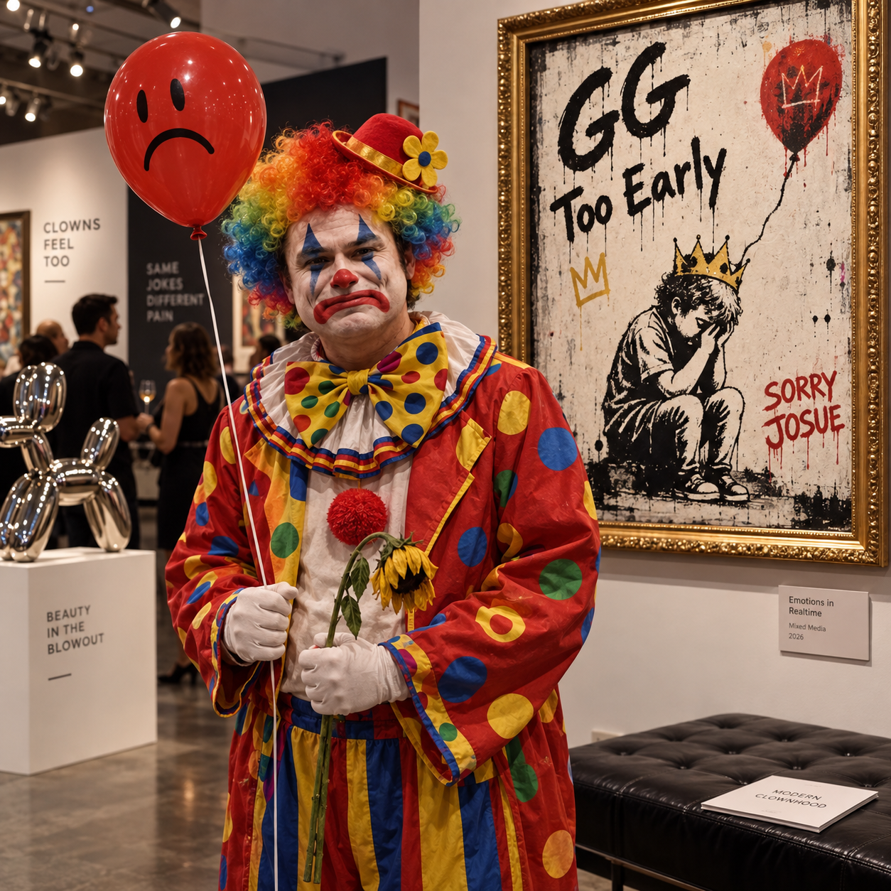 A sad clown in a gallery beside artwork reading GG Too Early and Sorry Josue.
